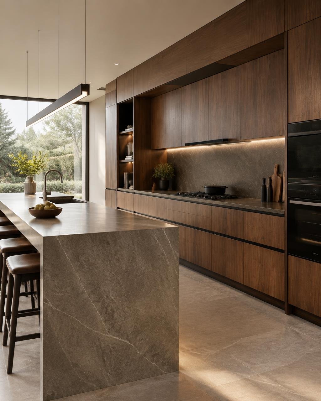 Conceptual kitchen with walnut cabinetry and stone island