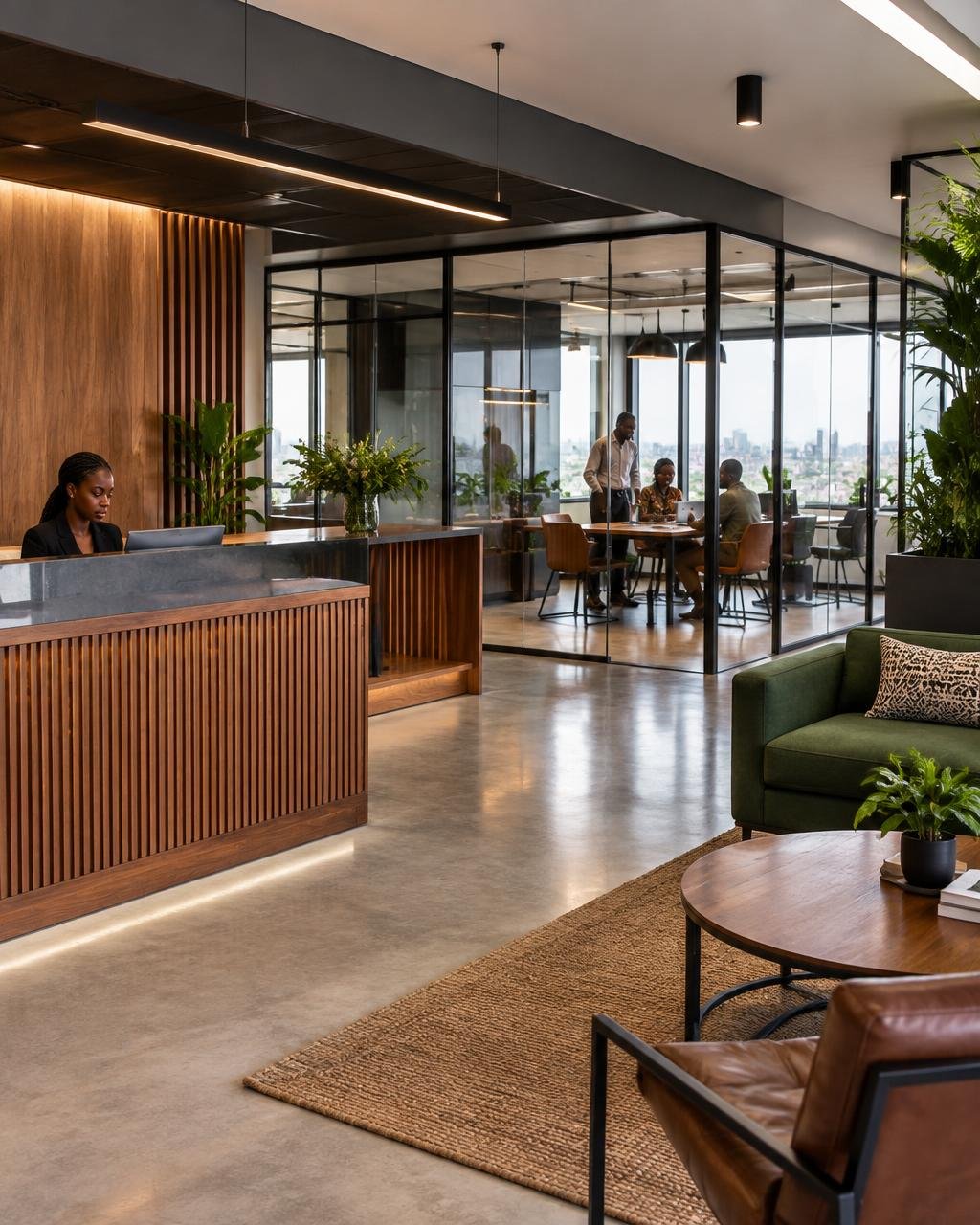 Conceptual office reception with timber slats and glass partitions