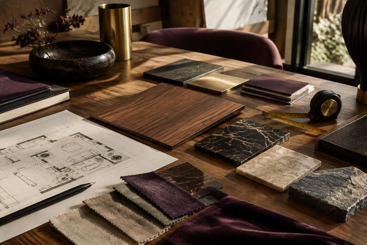 Conceptual interior material samples on a design table