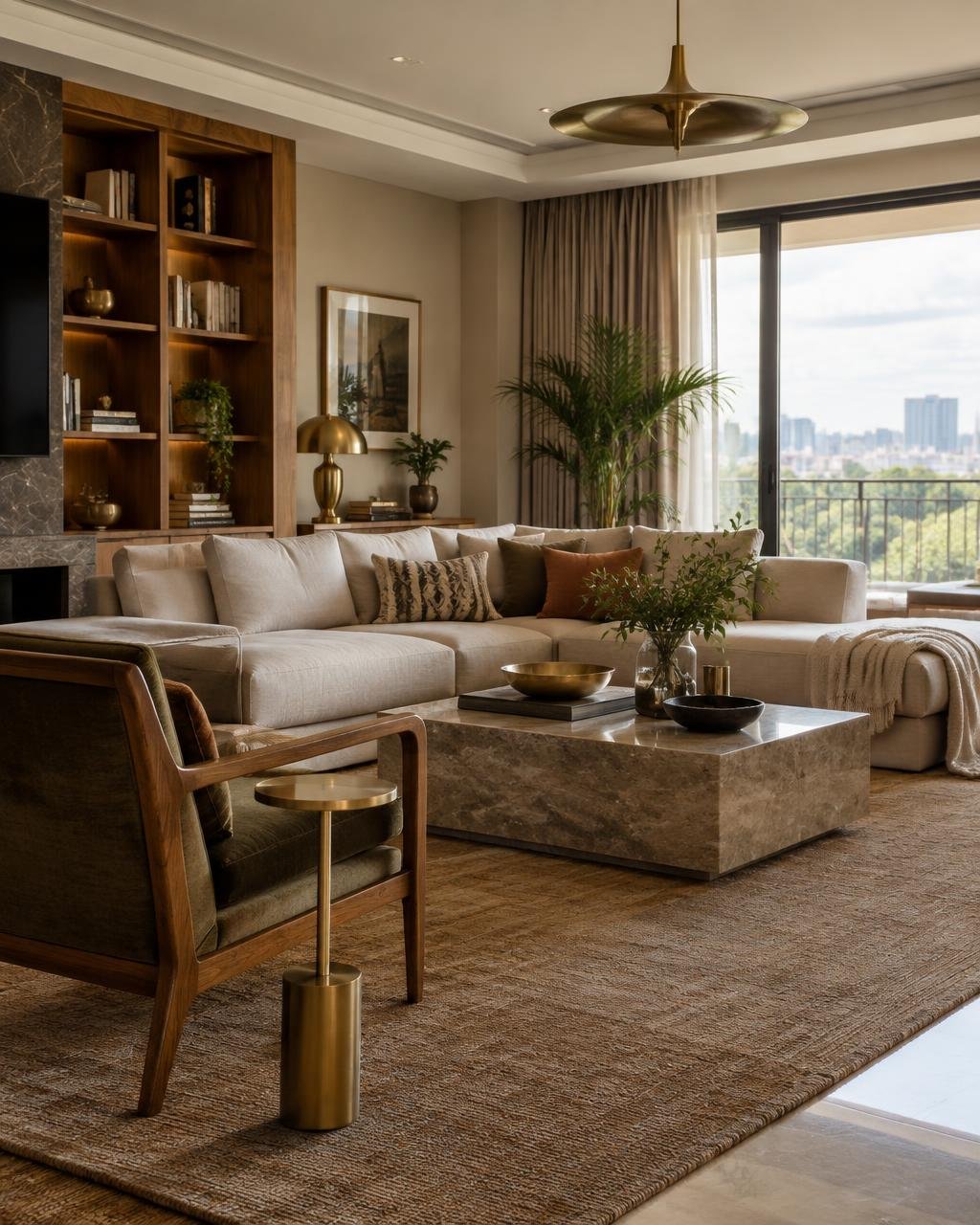 Conceptual living room with linen sofa, stone table and brass details