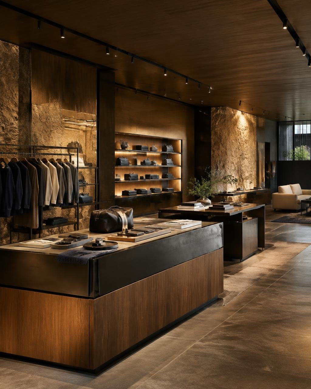 Conceptual retail showroom with lit shelving and stone walls